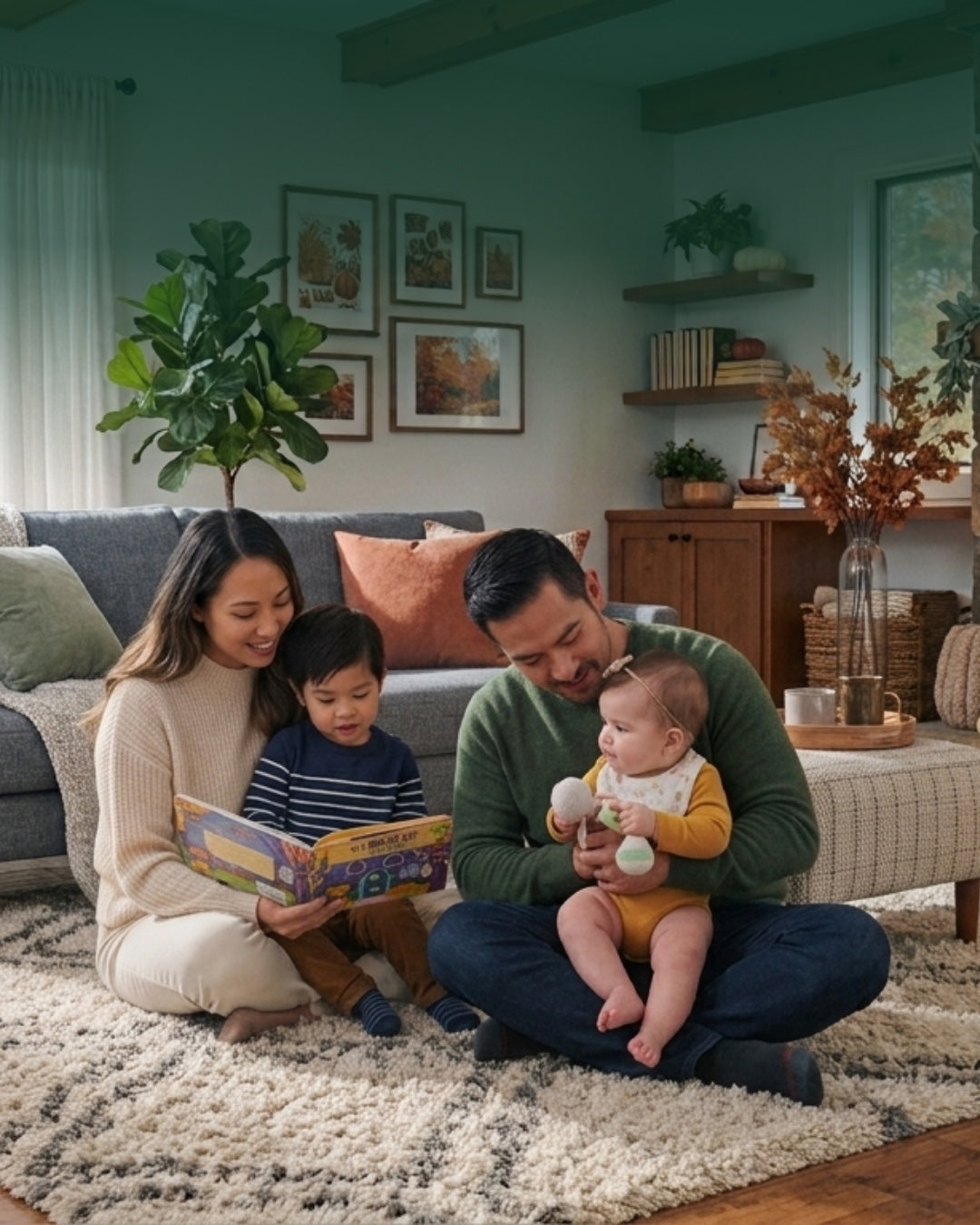 Family reading a Little Robin Hood book together by the fireplace