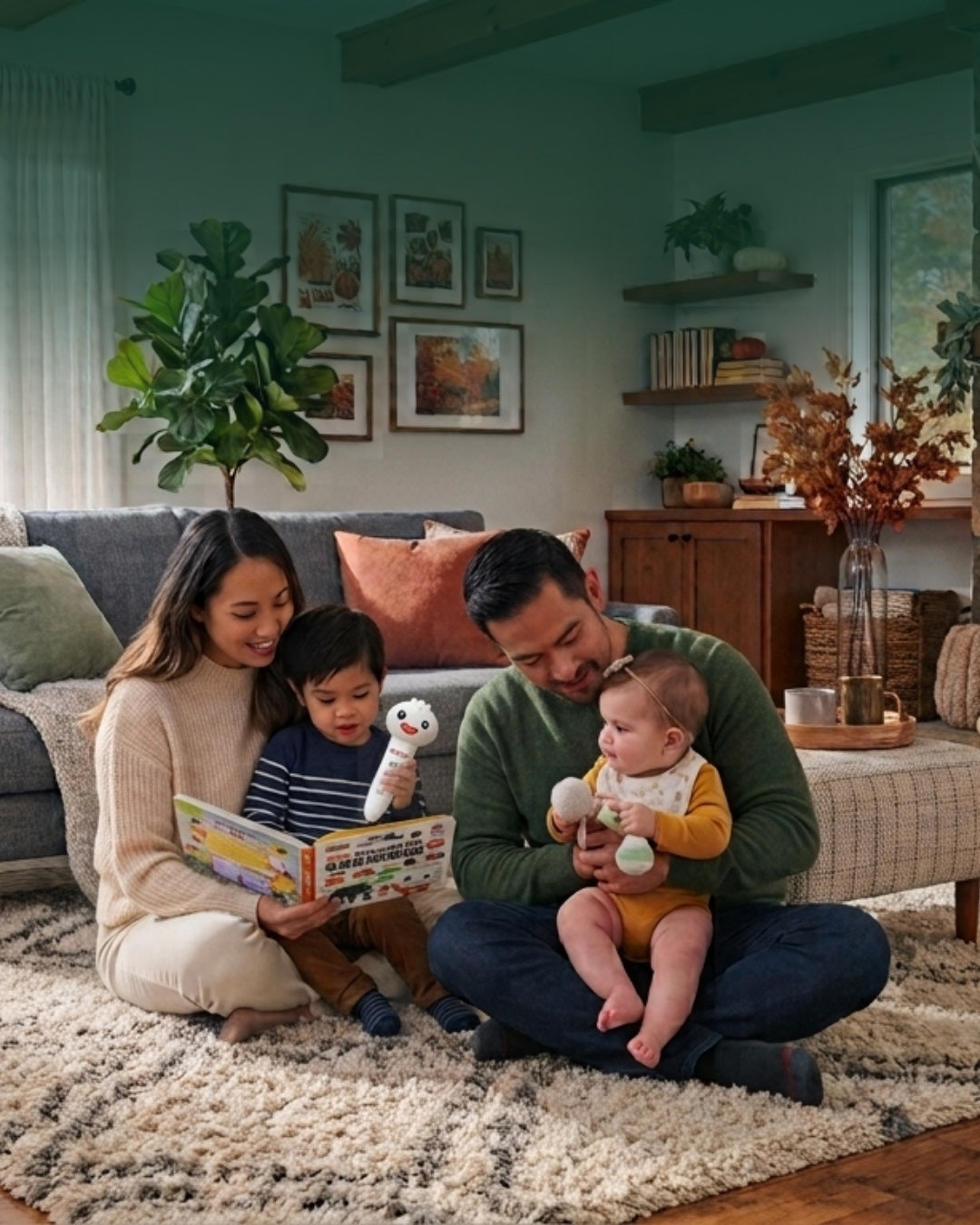 Family reading a Little Robin Hood book with a talking pen by the fireplace